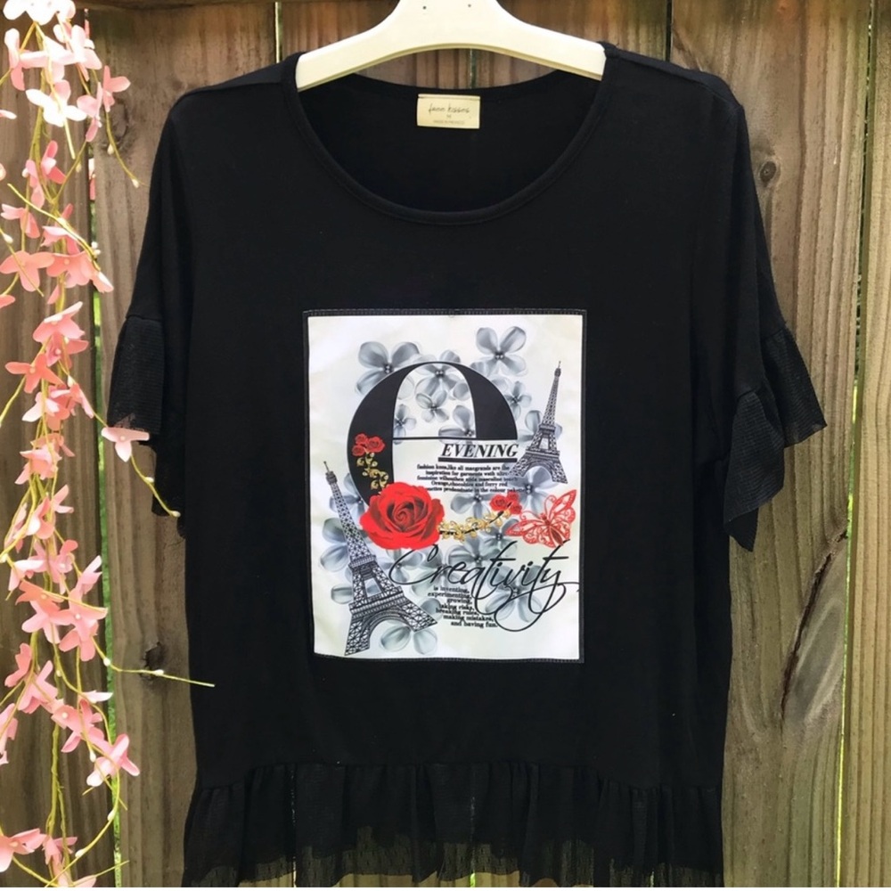 Black Graphic Women's Top blouse with ifel tower size M